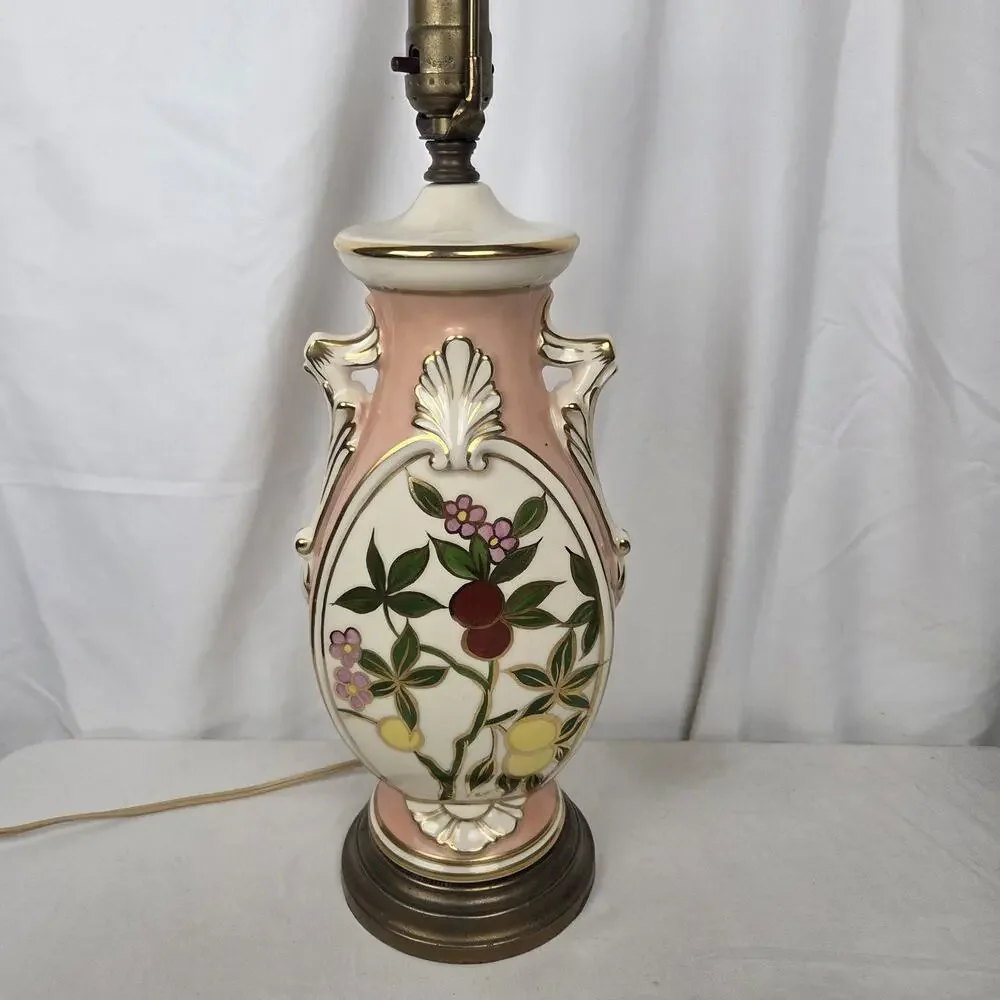 Mid Century Hand Painted Table Lamp Ceramic Floral Cherry Fruit Tree Pink Gold